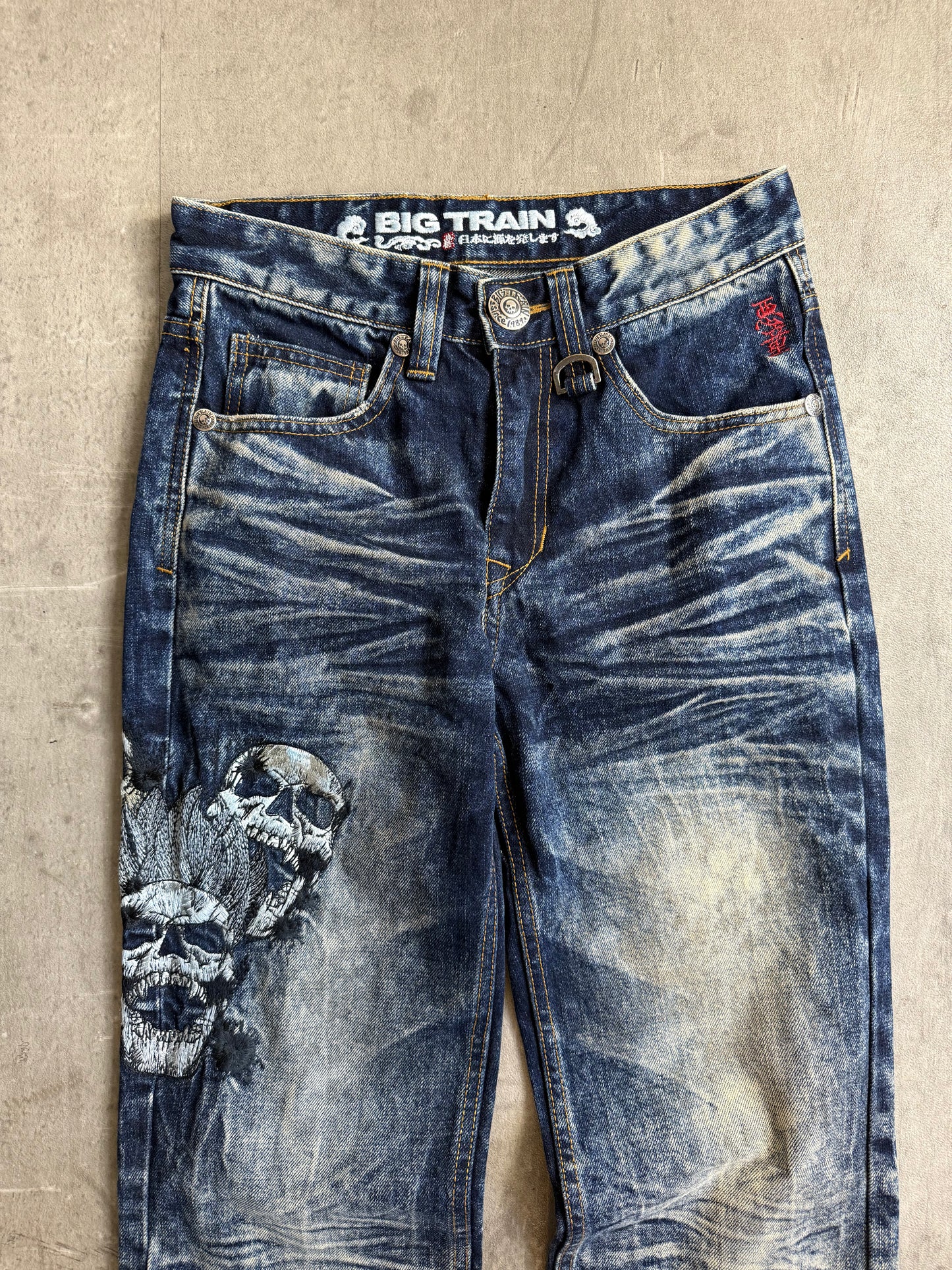 Big Train Mid Blue Skull Embroidered Denim Jeans