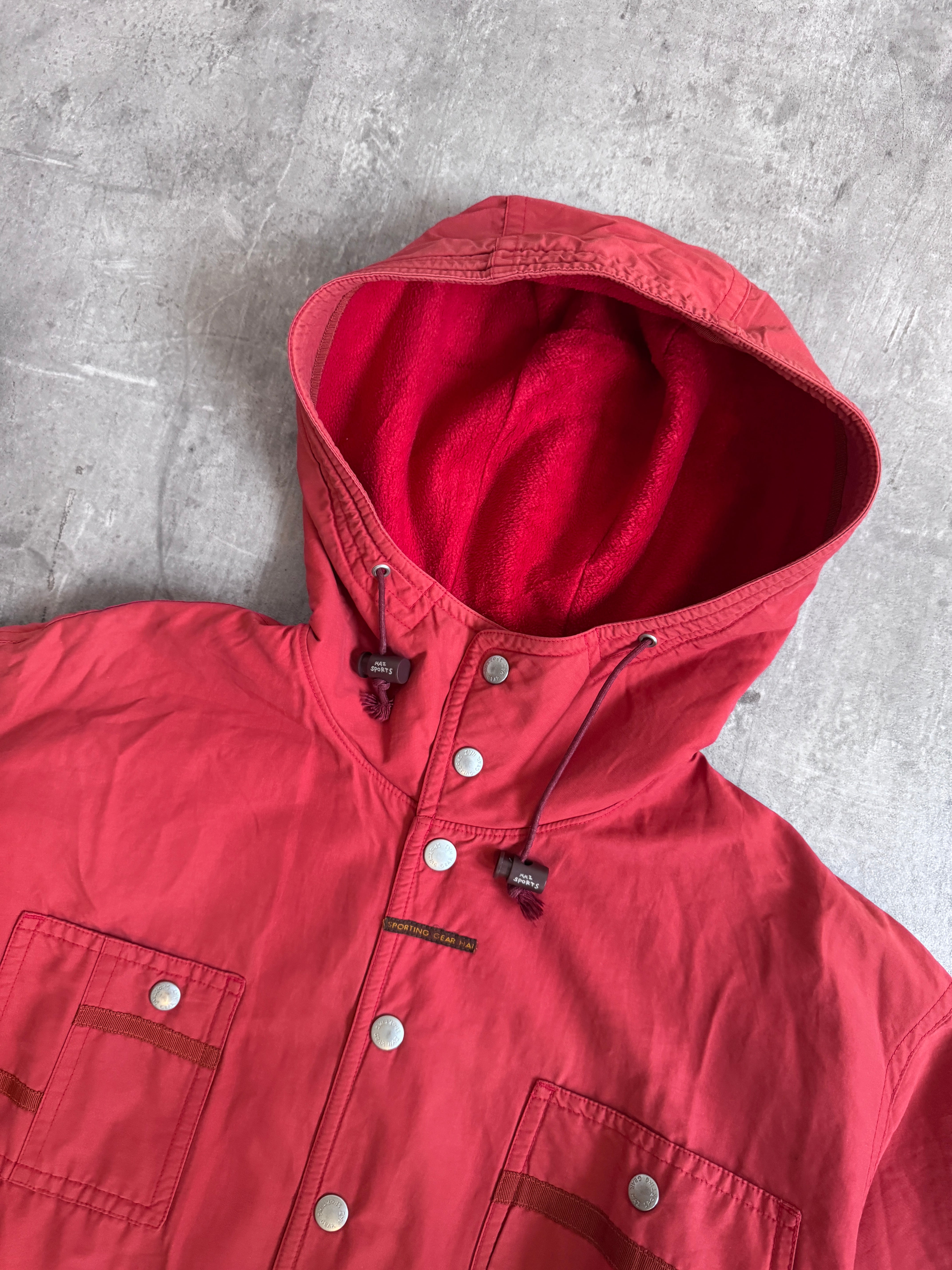 【イッセイミヤケ】HAI SPORTING GEAR 赤レザーマウンテンパーカー Issey Miyake Hai Sporting Gear Red Fleece lined Tech Jacket – Vintage
