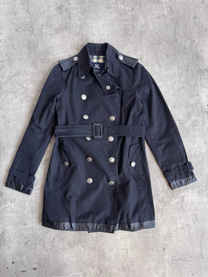 Burberry Nova Check Lined Black Leather Detailed Midi Trench