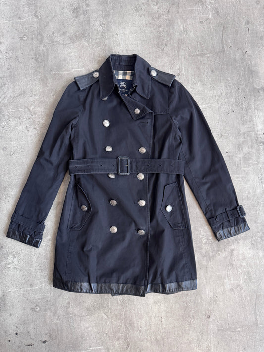 Burberry Nova Check Lined Black Leather Detailed Midi Trench