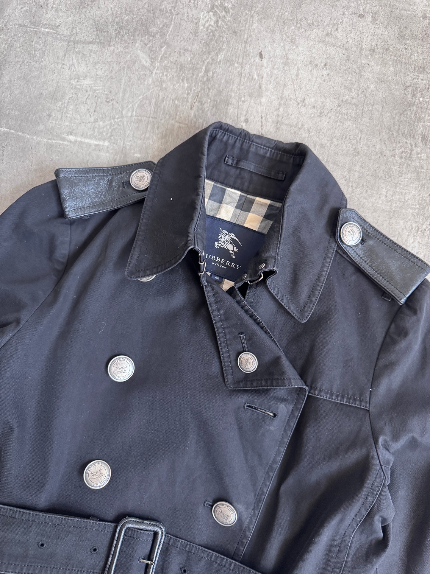 Burberry Nova Check Lined Black Leather Detailed Midi Trench