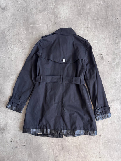 Burberry Nova Check Lined Black Leather Detailed Midi Trench