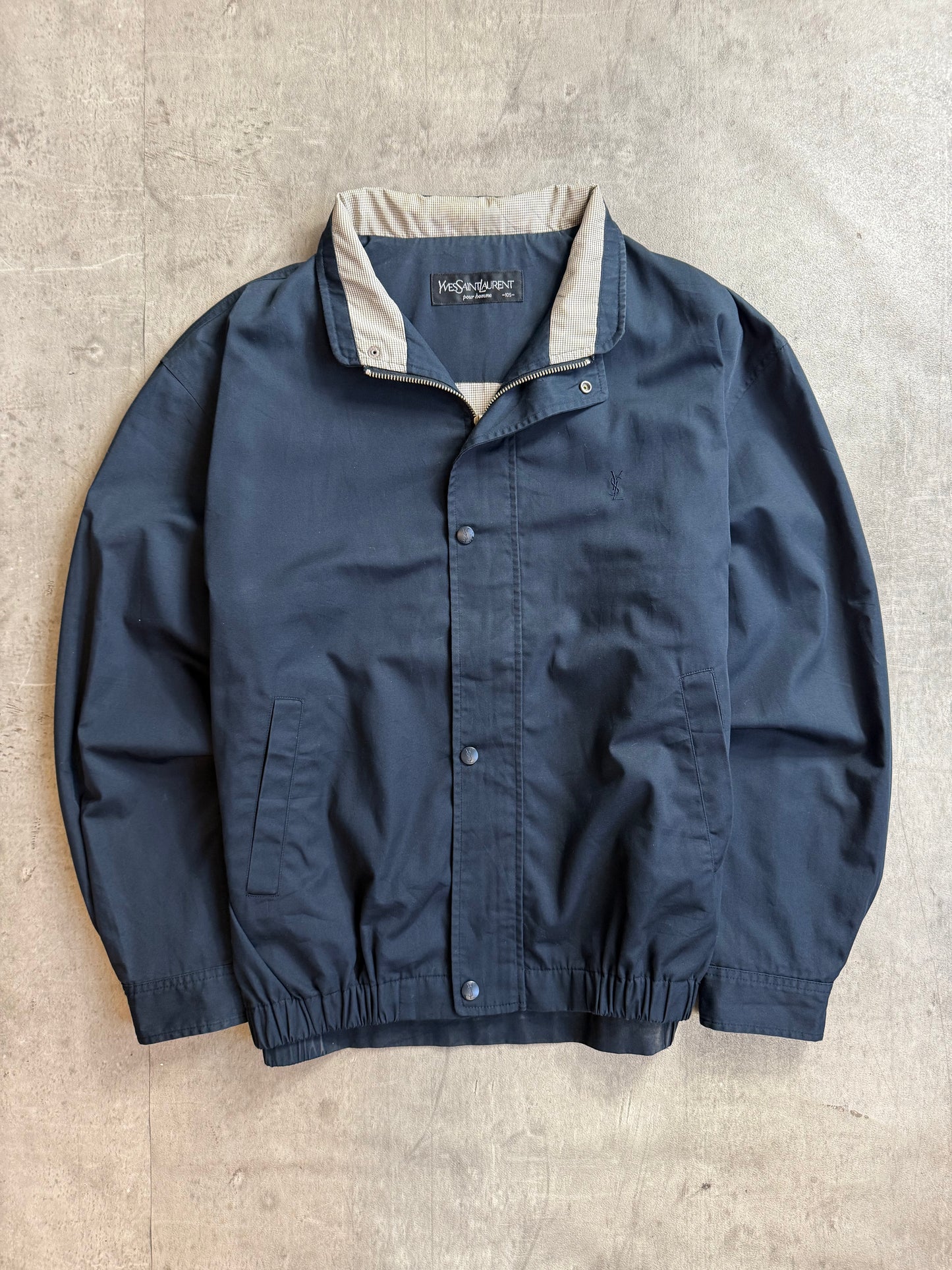 YSL Navy Plaid Collar Cinched Waist Bomber Jacket