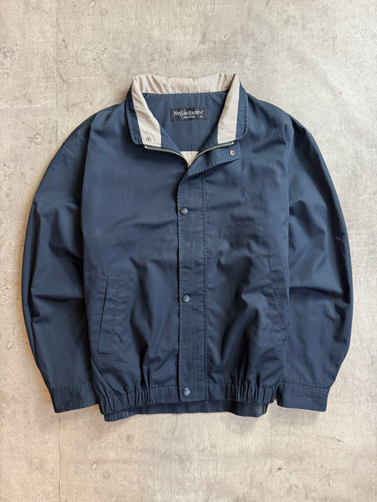 YSL Navy Plaid Collar Cinched Waist Bomber Jacket