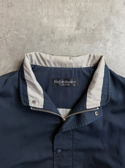 YSL Navy Plaid Collar Cinched Waist Bomber Jacket