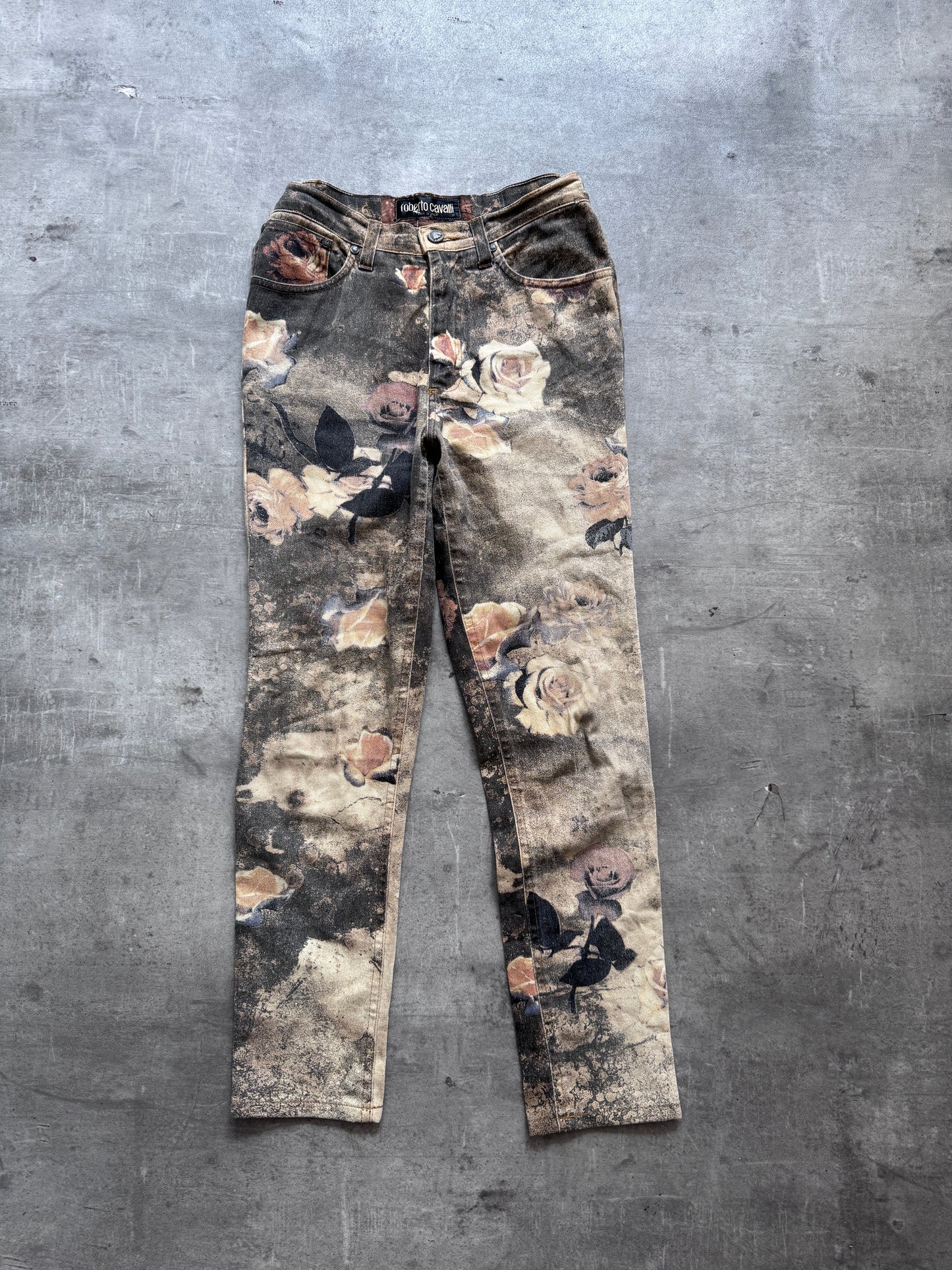 1990's Roberto Cavalli Floral Gold Rose Print Jeans