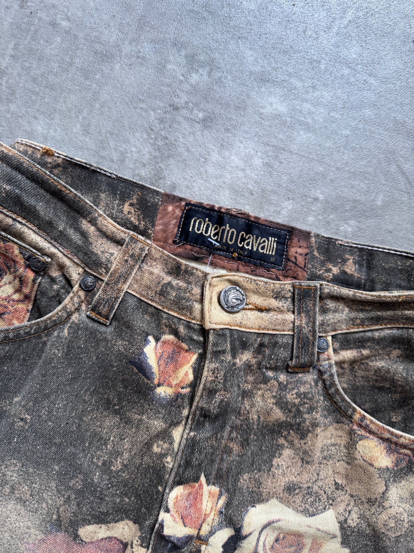 1990's Roberto Cavalli Floral Gold Rose Print Jeans