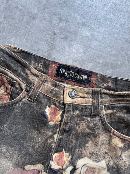 1990's Roberto Cavalli Floral Gold Rose Print Jeans