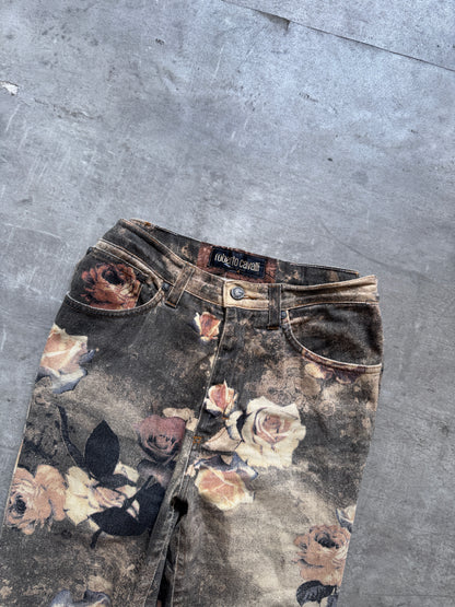 1990's Roberto Cavalli Floral Gold Rose Print Jeans