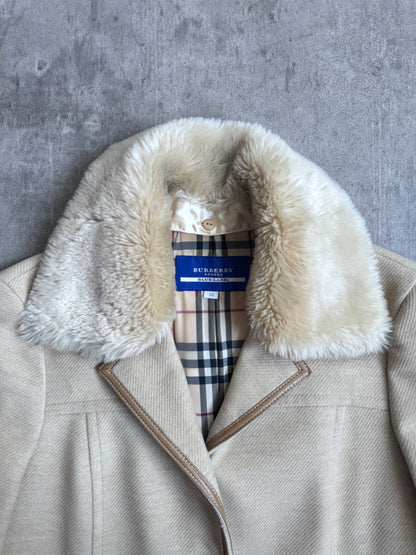Burberry Blue Label Nova Check Lining With Faux Fur Collar Cream Coat