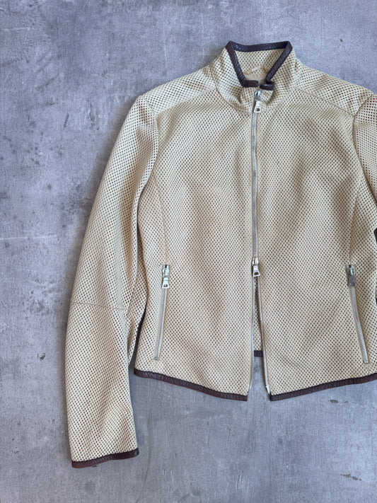 SS 2000 Prada Perforated Mesh Leather Trim Racer Jacket