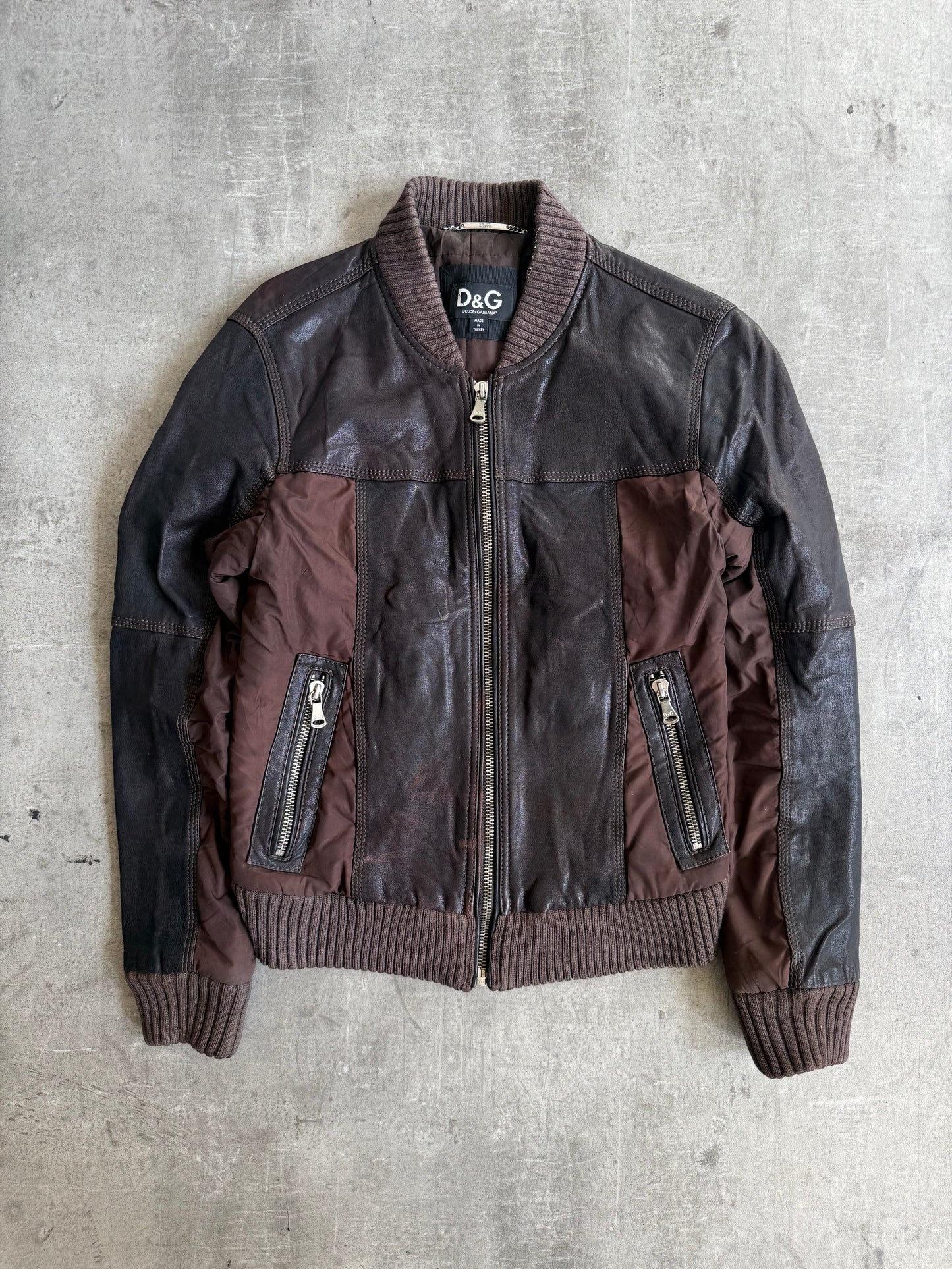 Dolce and Gabbana Leather Nylon Hybrid Brown Bomber Jacket