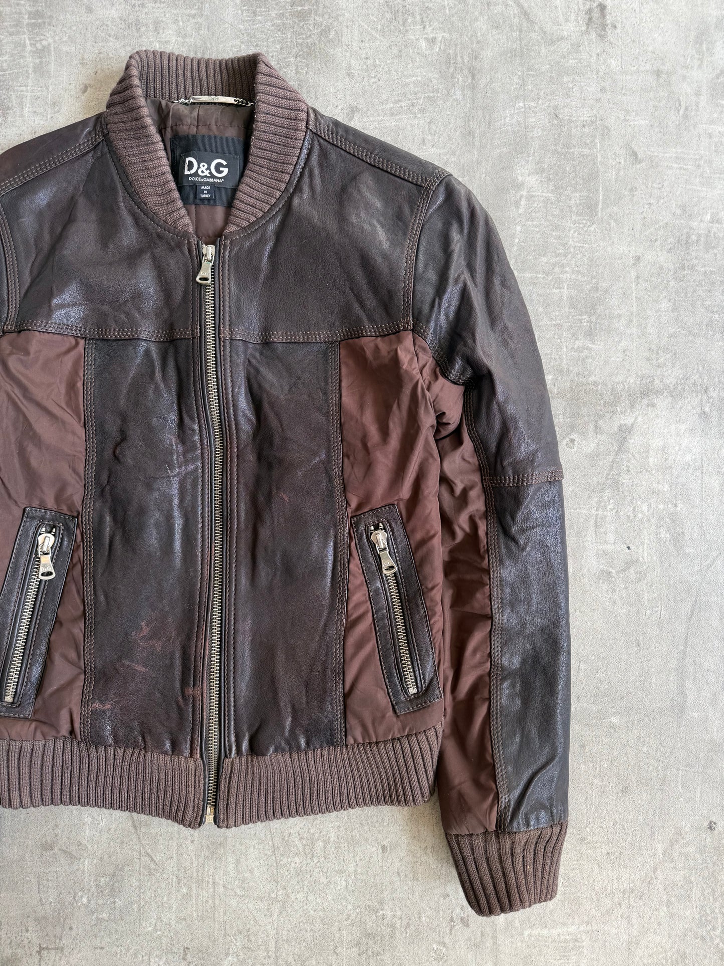 Dolce and Gabbana Leather Nylon Hybrid Brown Bomber Jacket