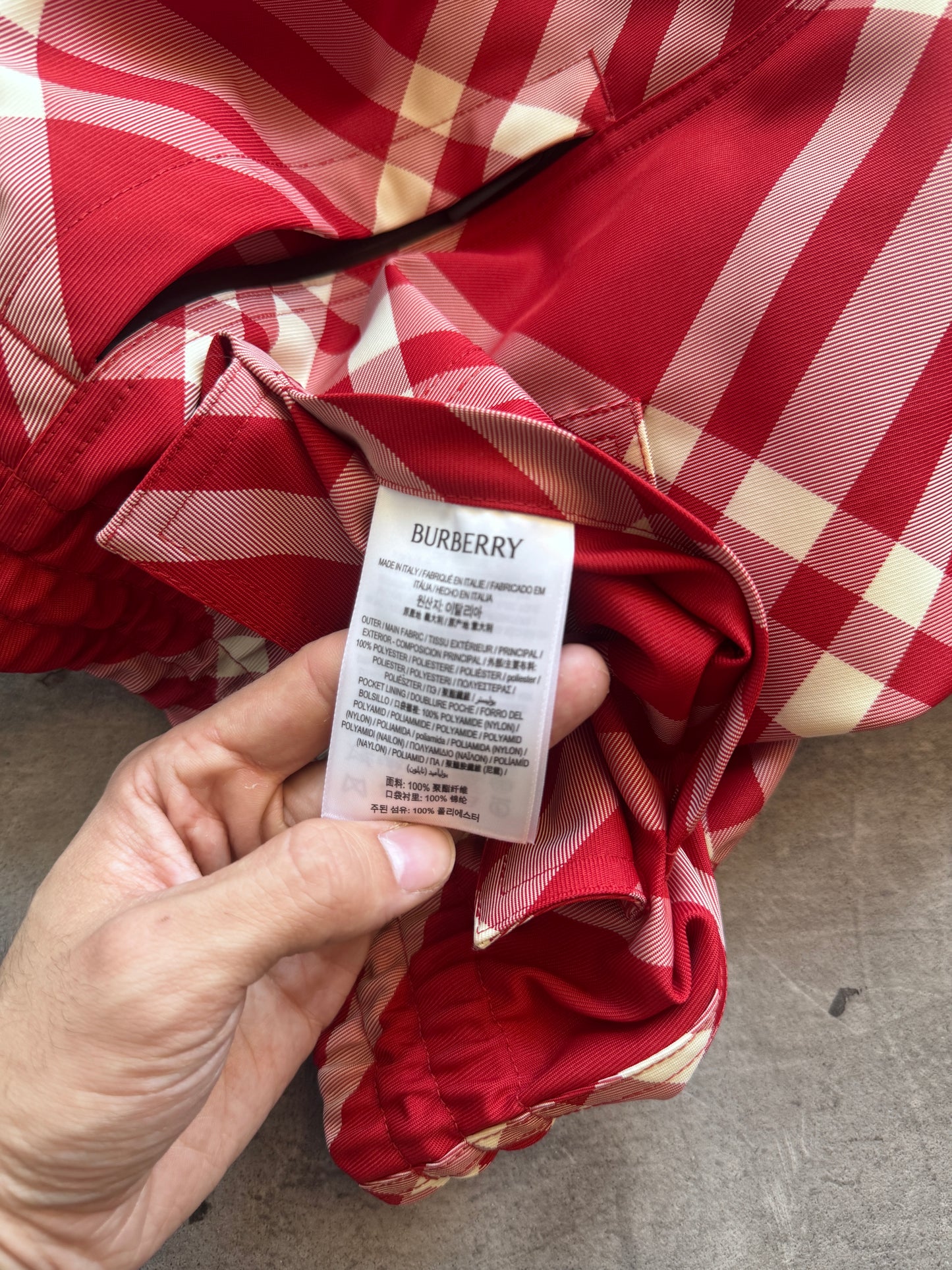 Burberry Red Nova Check Nylon Cargo Trousers. FA : 276