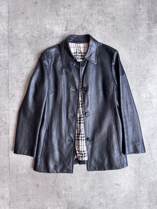Burberry Nova Check Lined Single Breasted Leather Jacket