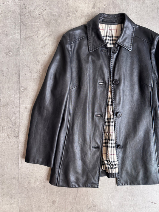 Burberry Nova Check Lined Single Breasted Leather Jacket