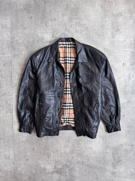 Burberry Nova Check Wool Lined Black Leather Bomber Jacket