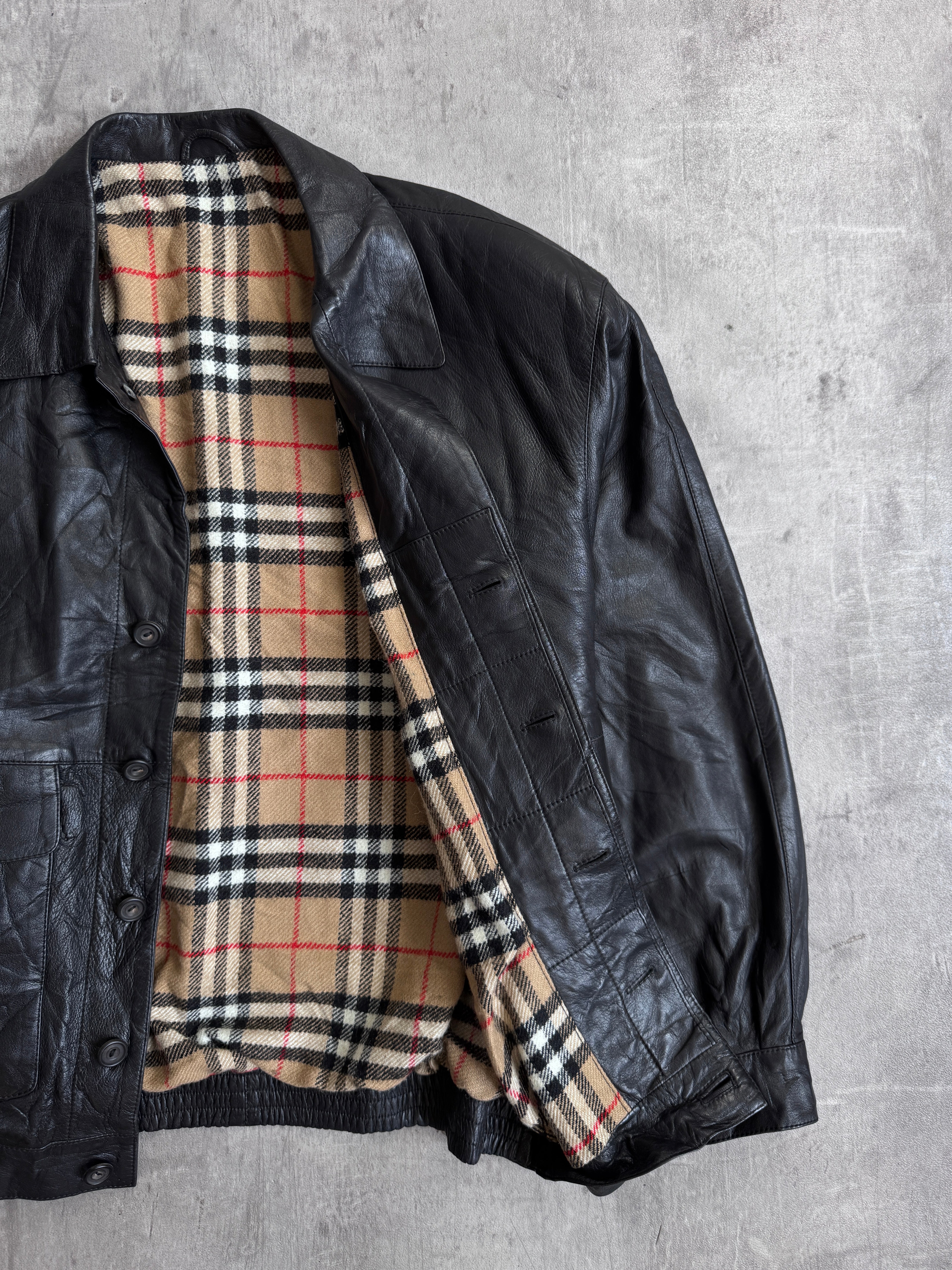 Burberry Nova Check Wool Lined Black Leather Bomber Jacket