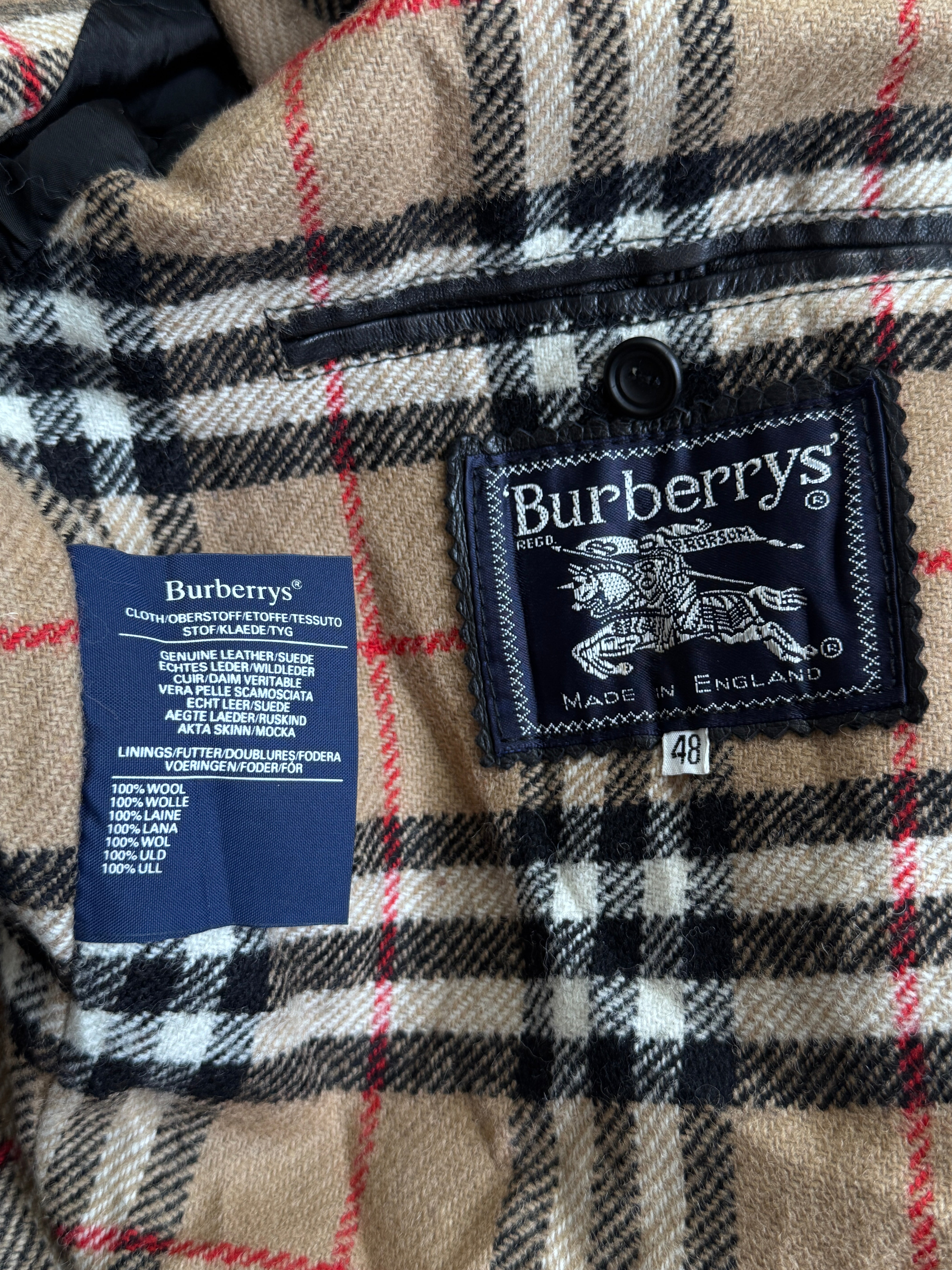 Burberry Nova Check Wool Lined Black Leather Bomber Jacket