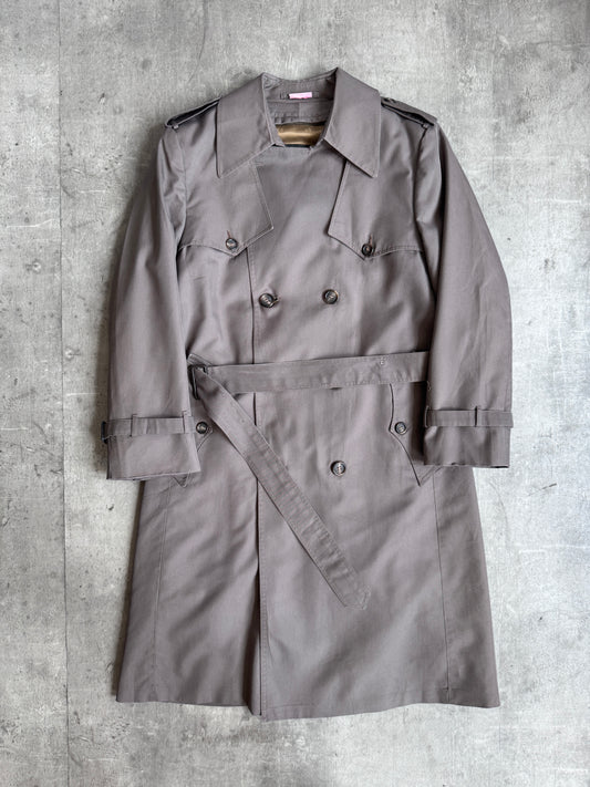 1970s Christian Dior Grey Double Breasted Belted Trench Coat