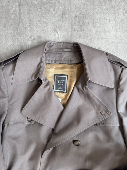 1970s Christian Dior Grey Double Breasted Belted Trench Coat