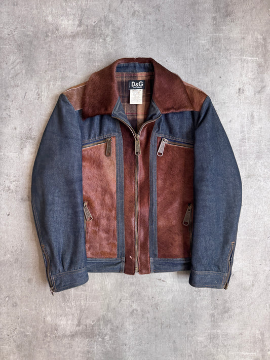F/W 2005 Dolce & Gabanna Pony Hair Blanket Lined Denim Rider Jacket