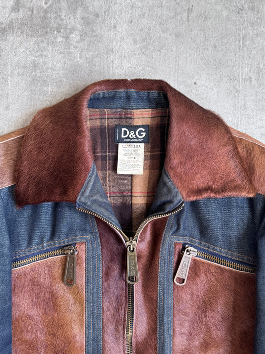 F/W 2005 Dolce & Gabanna Pony Hair Blanket Lined Denim Rider Jacket