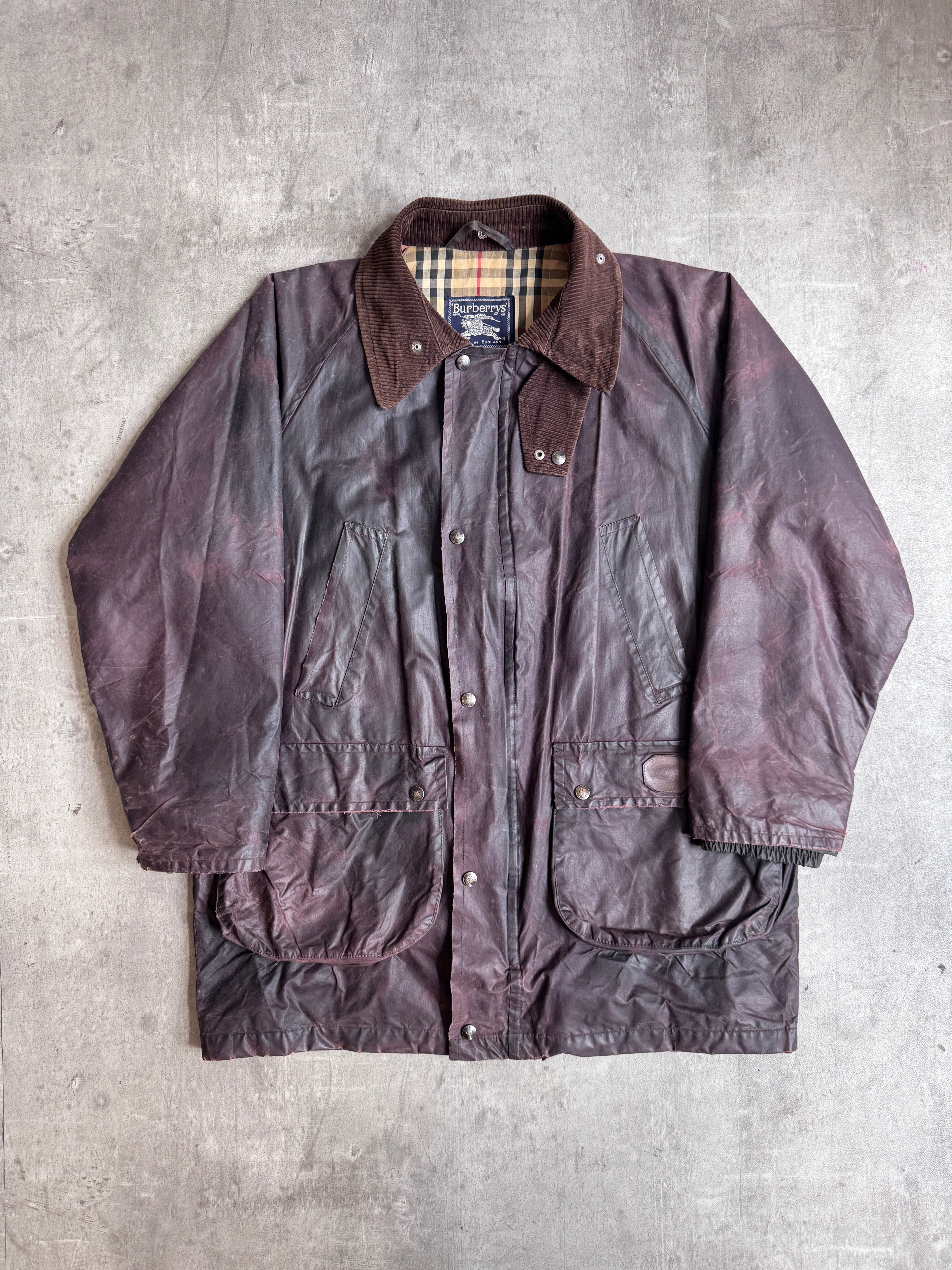 1980's Burberry Nova Check Lined Brown Oilskin Waxed Jacket – Vintage 1980's Burberry Nova Check Lined Brown Oilskin Waxed Jacket – Vintage