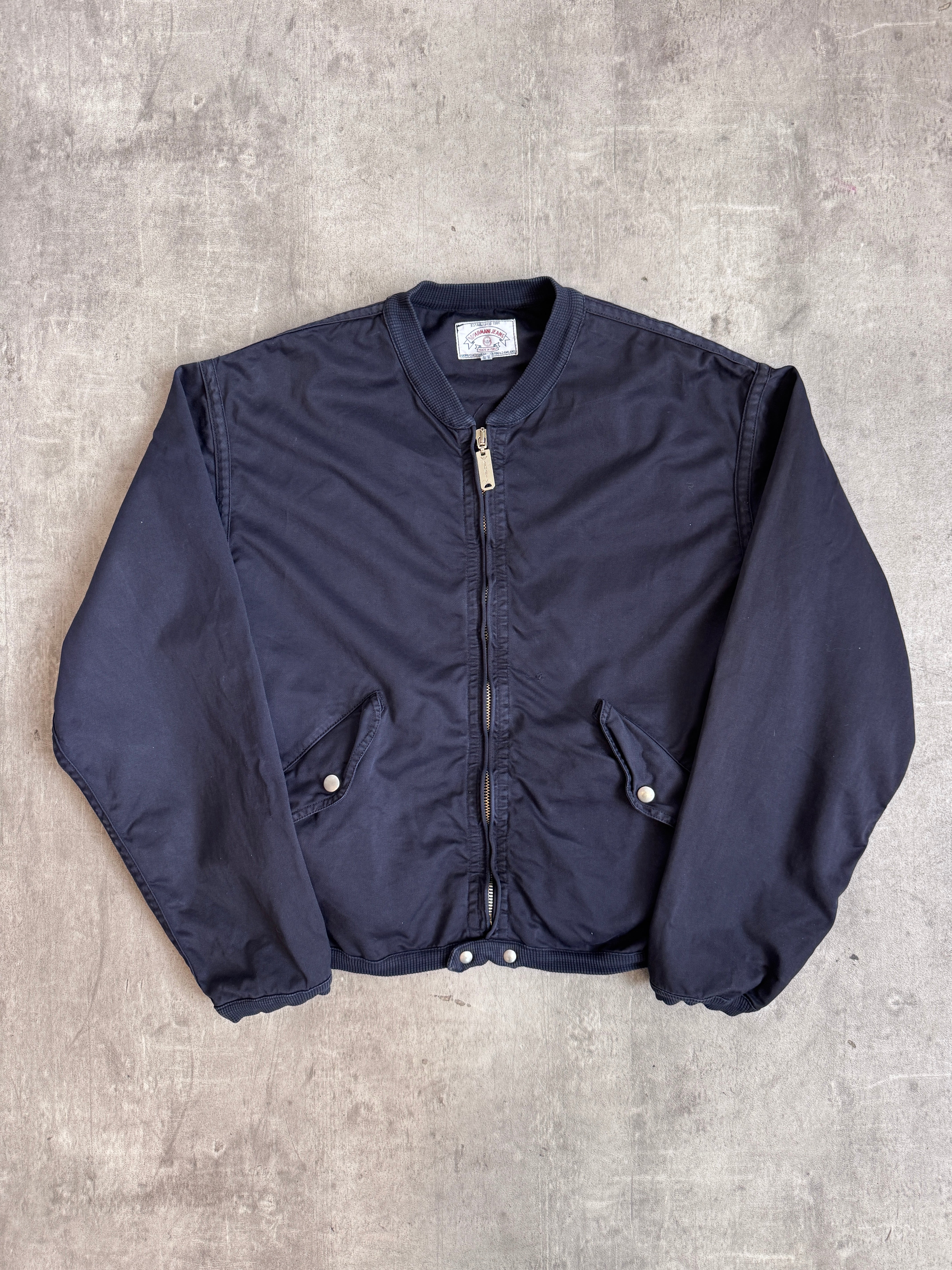 1990s Armani Jeans Articulated Washed Navy Bomber Jacket – Vintage