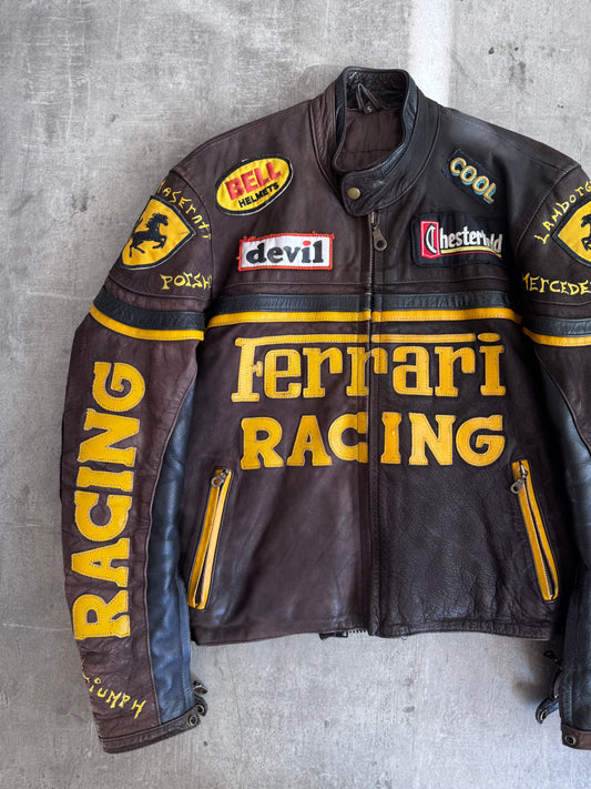 Ferrari Brown Suede Spellout Leather Moto Racing Jacket
