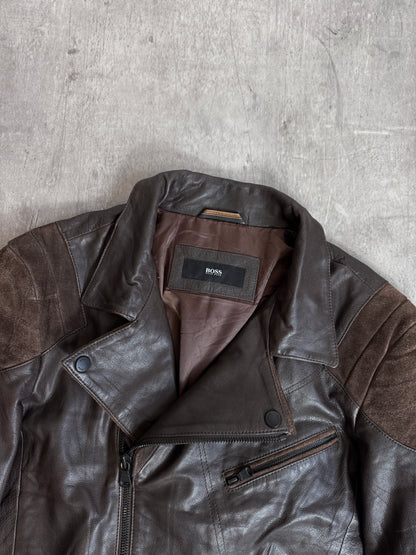 Hugo Boss Suede Patched Brown Leather Moto Jacket