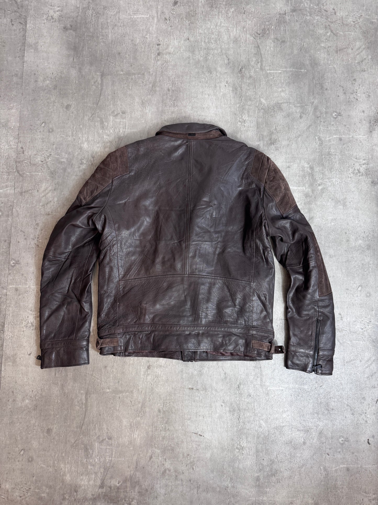 Hugo Boss Suede Patched Brown Leather Moto Jacket
