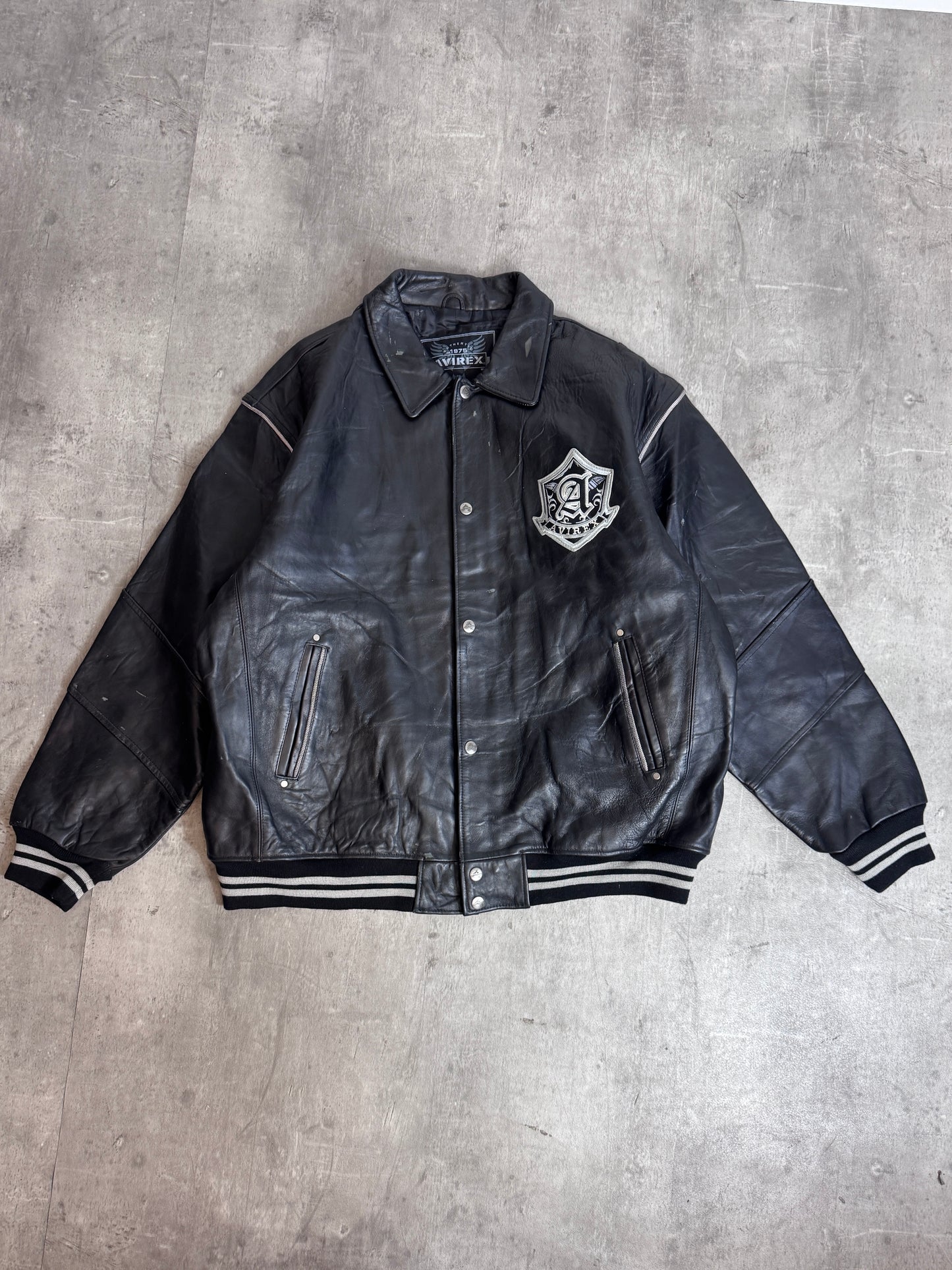Avirex "75" Black Leather Diagonal Spellout Jacket