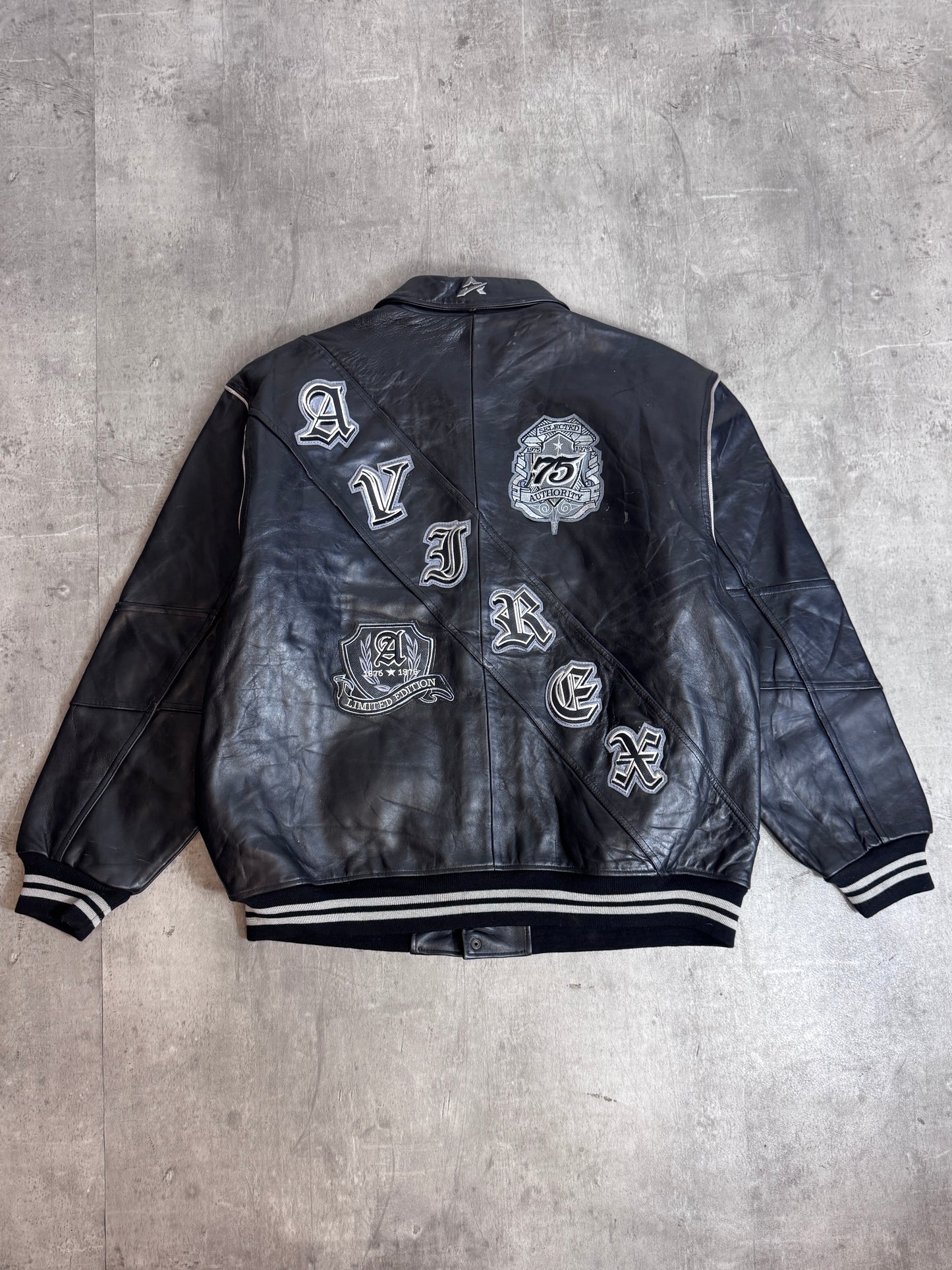 Avirex "75" Black Leather Diagonal Spellout Jacket
