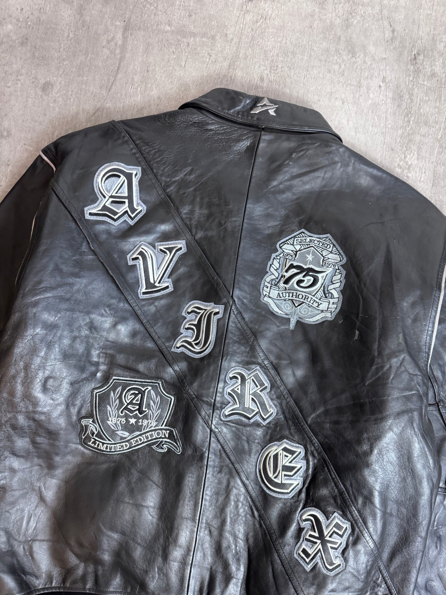 Avirex "75" Black Leather Diagonal Spellout Jacket