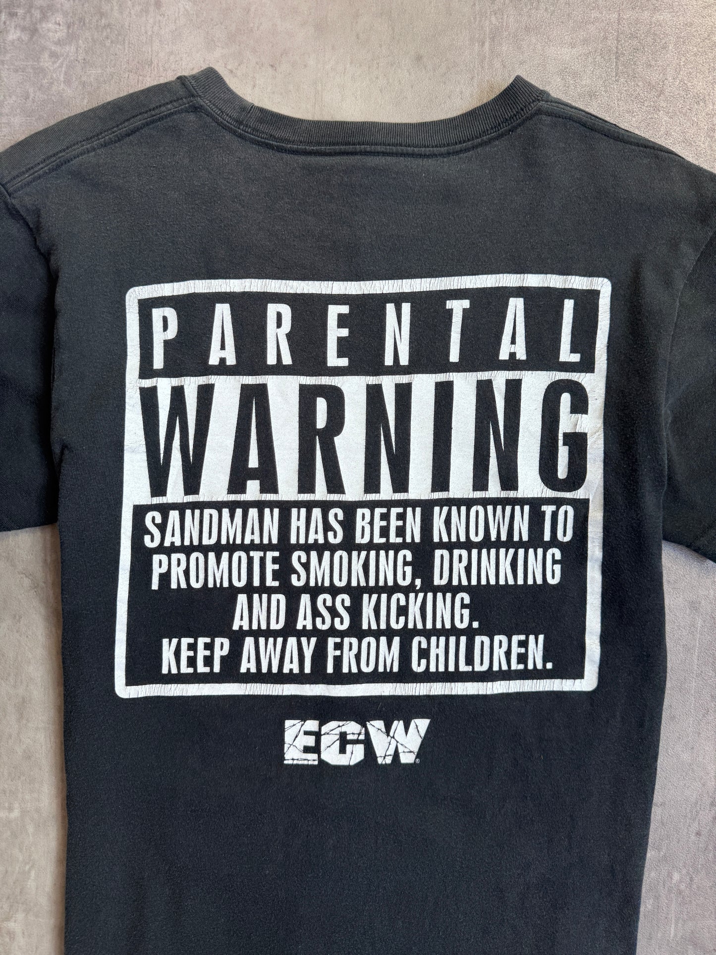 Vintage 1998 Sandman Parental Warning ECW Double Graphic Tee
