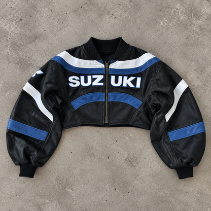 VT Rework : Custom Order - Balloon Sleeve Cropped Leather Racing Jacket