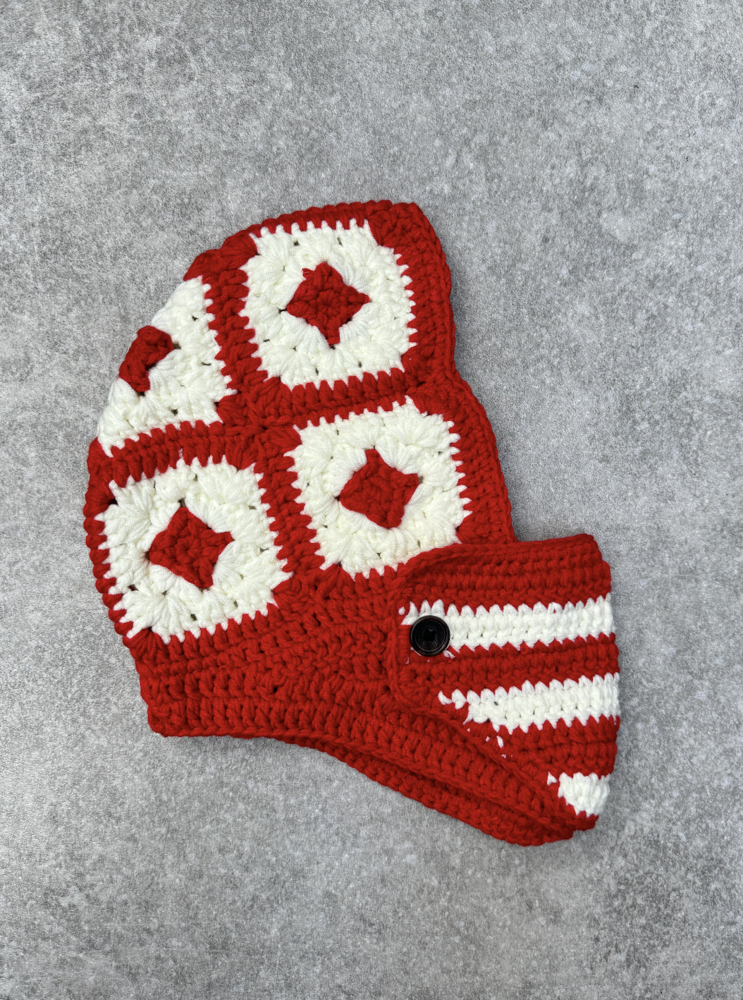 Two-Tone Red White Square Crochet Balaclava