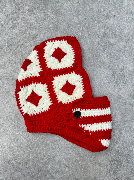 Two-Tone Red White Square Crochet Balaclava
