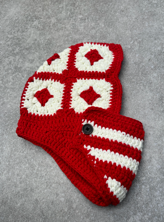 Two-Tone Red White Square Crochet Balaclava