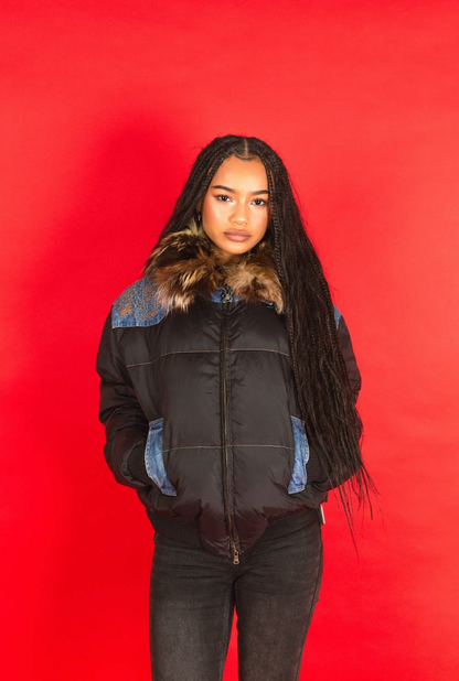 2000's Cavalli Rabbit Fur Denim Trim Down Puffer Jacket