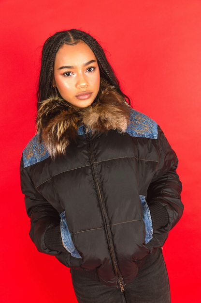 2000's Cavalli Rabbit Fur Denim Trim Down Puffer Jacket