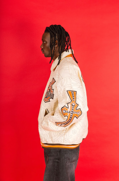 2000's Raw Blue Embellished Contrast Stitch Varsity Bomber Jacket