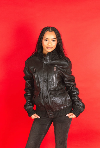 A/W 2001 Gucci Tom Ford Black Leather Ribbed Trim Madonna Jacket