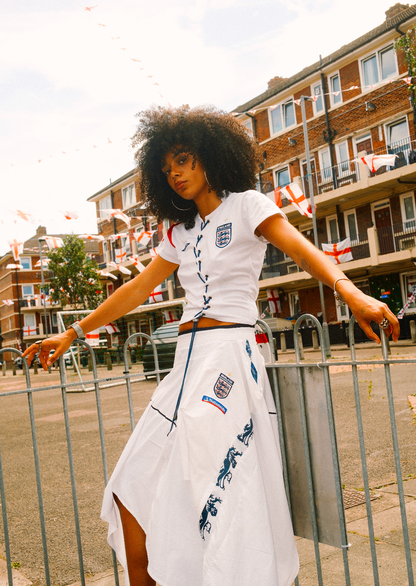 VT Rework: England Patchwork Sharkbite Hem Maxi Skirt