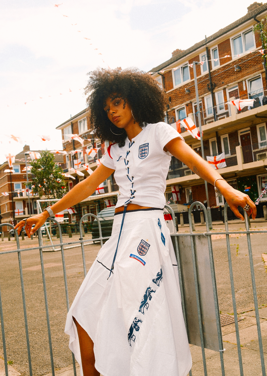 VT Rework: England Patchwork Sharkbite Hem Maxi Skirt