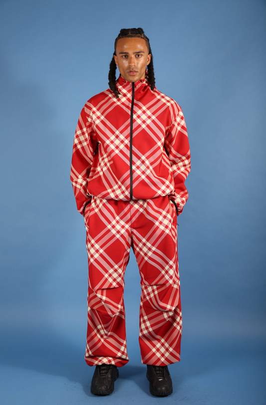 Burberry Red Nova Check Nylon Cargo Trousers. FA : 276