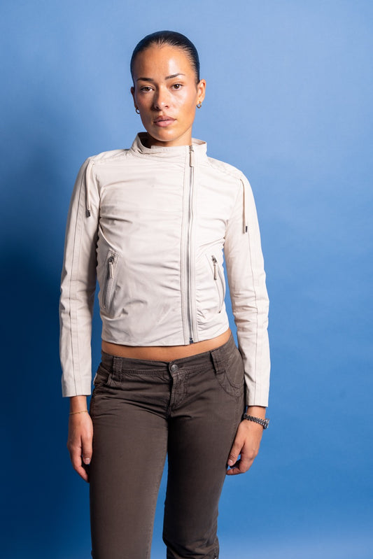 Gucci By Tom Ford Cream Shoulder Drawstring Leather Moto Jacket