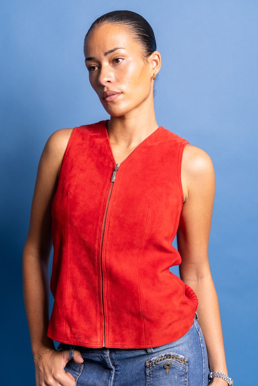 Deadstock Versace Versus Red Pelle Suede Rib Knit Waistcoat