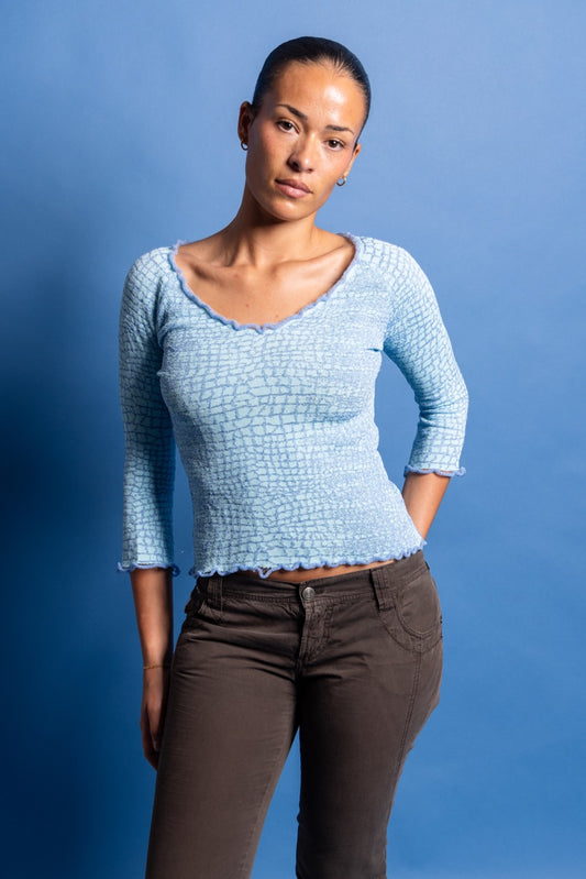 Roberto Cavalli Class Textured Animal Patterned Electric Blue Top